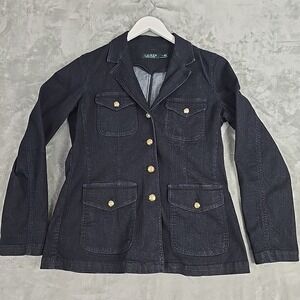 Lauren Ralph Lauren Womens Denim Stretch Blazer Jacket 10 Dark Blue Gold Buttons